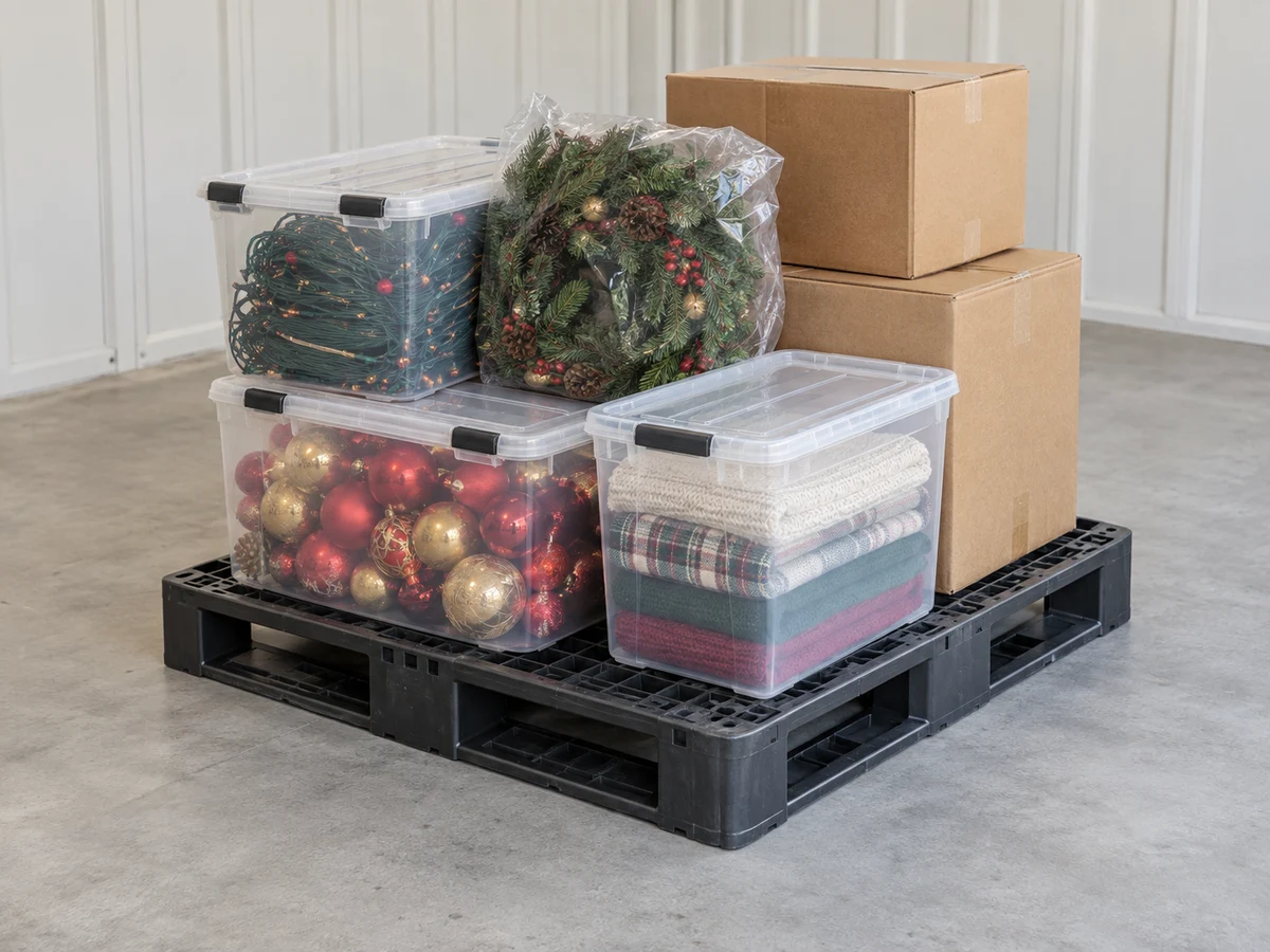 Boxes and personal belongings together on a pallet in shared storage